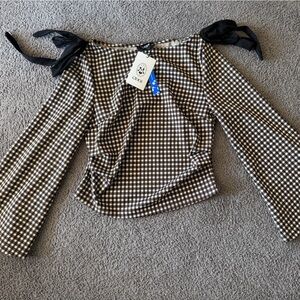 Cider Brown and White Gingham Long-Sleeve Tie Cuff Top